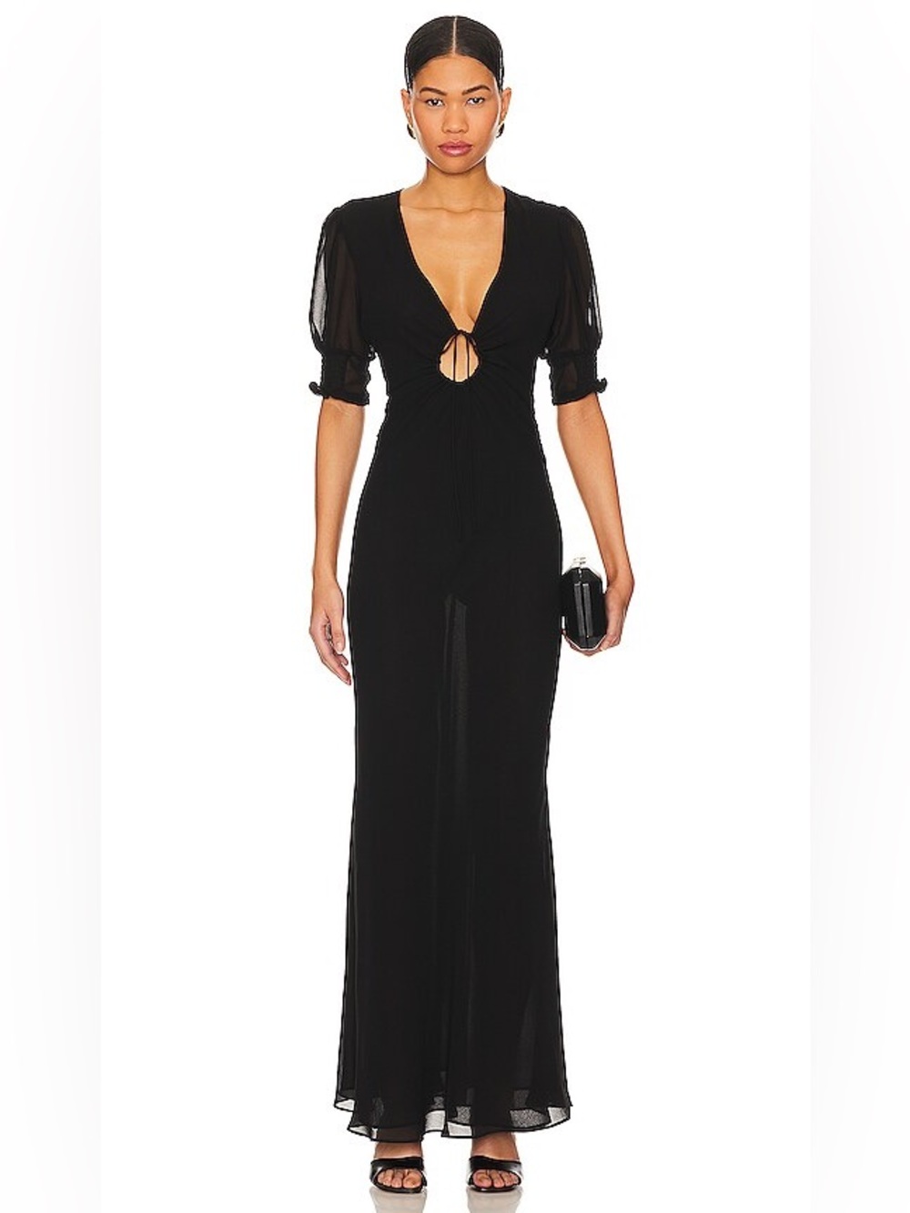 Misha Women’s Danica Maxi Dress in Black Size S Keyhole Semi Sheer Wedding Guest